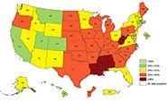 Карты распространенности ожирения   Распространенность ожирения среди взрослого населения по штатам и территориям с использованием самоотчетной информации из Системы наблюдения за поведенческим фактором риска